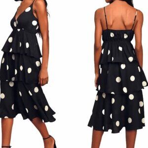 O.P.T. Cava Black and White Polka Dot Tiered Midi Dress